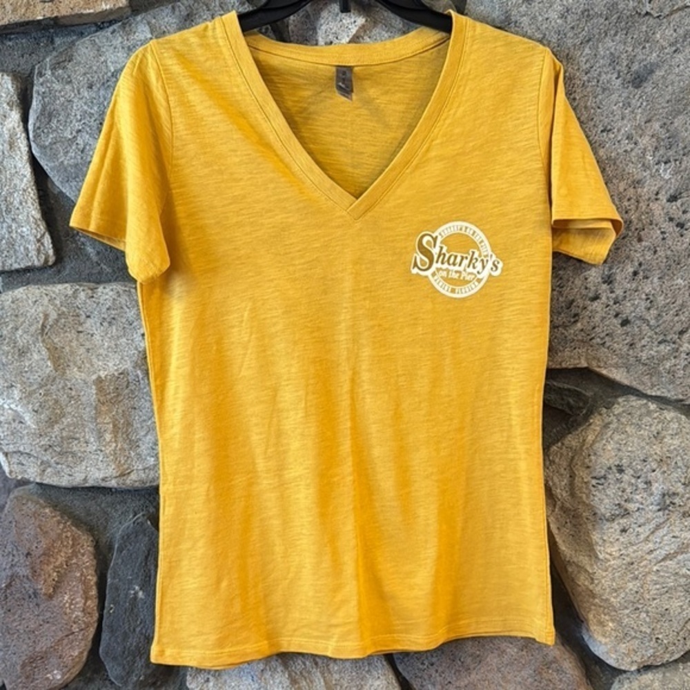 Sharky’s on the Pier Yellow V-Neck Women's medium Venice, Florida T-shirt